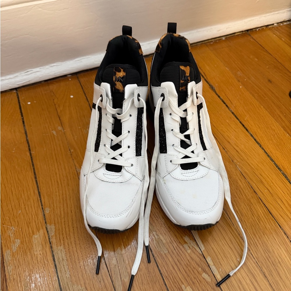 Michael Kors White and Black Sneakers with Leopard Accent - Picture 2 of 7